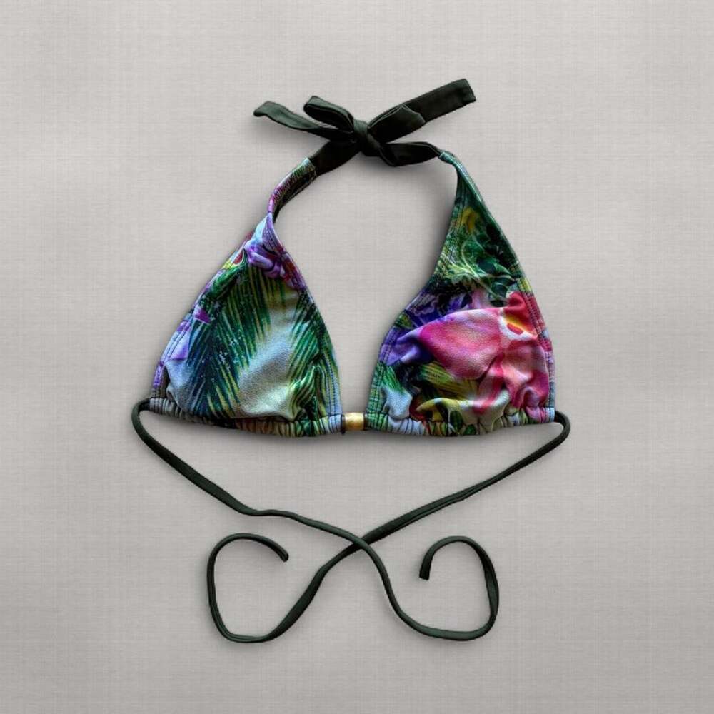 Y2K Lucky Brand Triangle Bikini Top Womens L Tropical Floral Wood Bead Olive